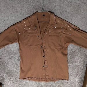 SHEIN Brown Button-Down Denim Shirt with Pearl Details